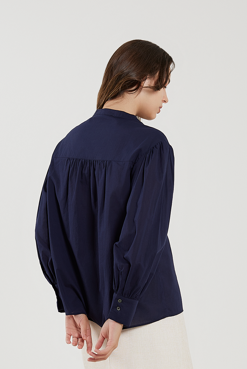 Stand Collar Cotton Shirt in Navy Blue