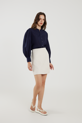 Stand Collar Cotton Shirt in Navy Blue