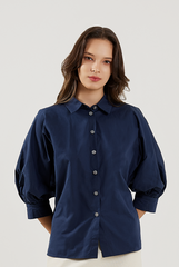Lantern Sleeves Cotton Shirt in Navy Blue