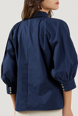 Lantern Sleeves Cotton Shirt in Navy Blue