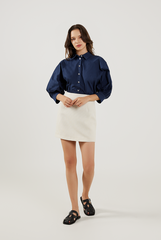 Lantern Sleeves Cotton Shirt in Navy Blue