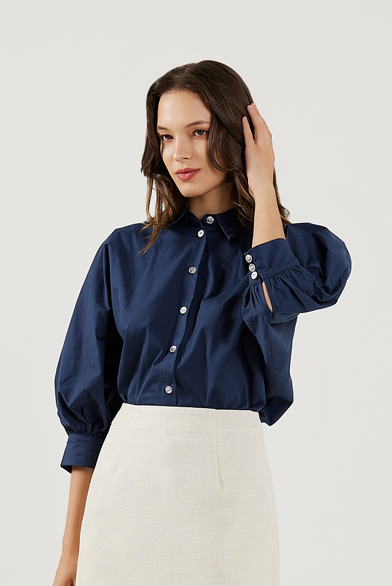 Lantern Sleeves Cotton Shirt in Navy Blue