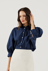 Lantern Sleeves Cotton Shirt in Navy Blue