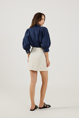 Lantern Sleeves Cotton Shirt in Navy Blue