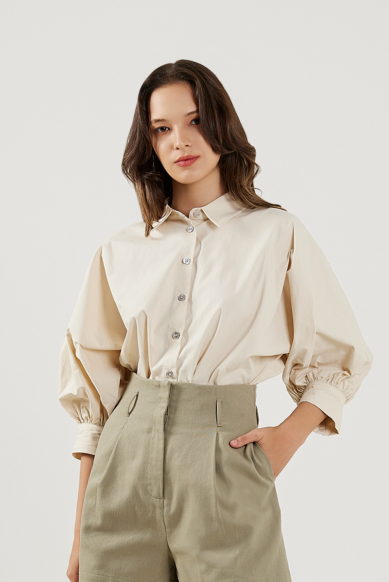 Lantern Sleeves Cotton Shirt in Oat 