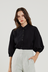 Elasticated Sleeves Buttoned Shirt in Black