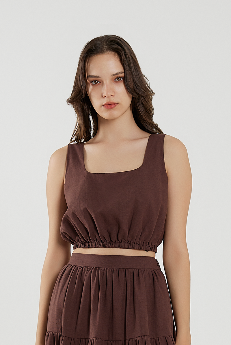 Square Neck Elasticated Top in Chocolate