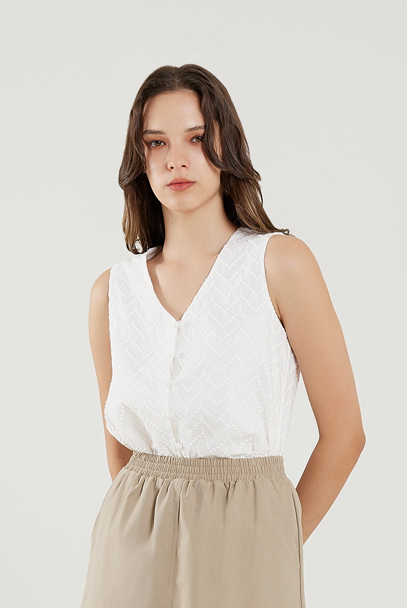Embroidered Button Top in White