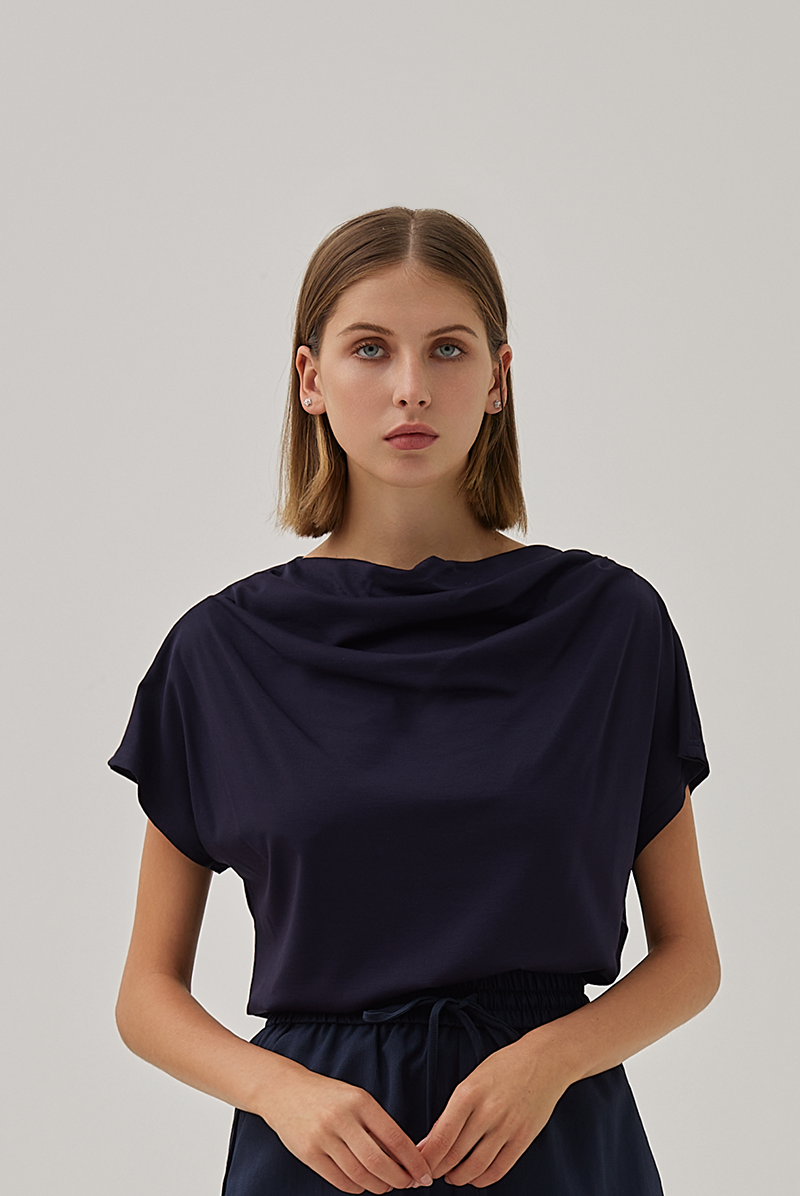Fleur Cowl Neck Top in Navy Blue