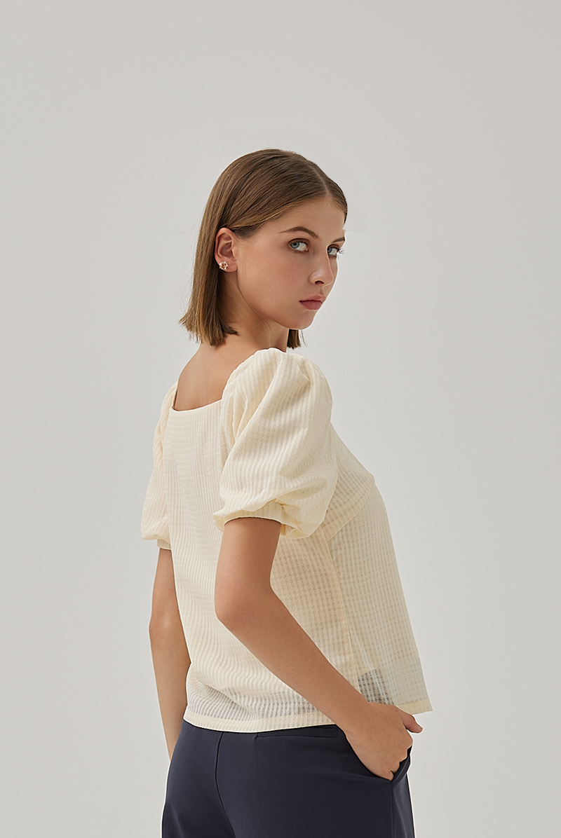 Adley Waffle Puff Sleeves Top in Butter