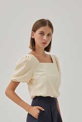Adley Waffle Puff Sleeves Top in Butter