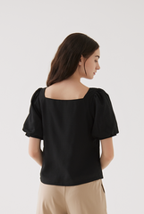 Adley Waffle Puff Sleeves Top in Black