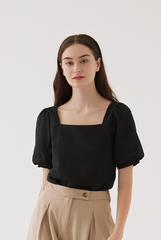 Adley Waffle Puff Sleeves Top in Black