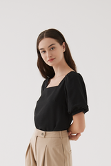 Adley Waffle Puff Sleeves Top in Black