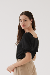 Adley Waffle Puff Sleeves Top in Black