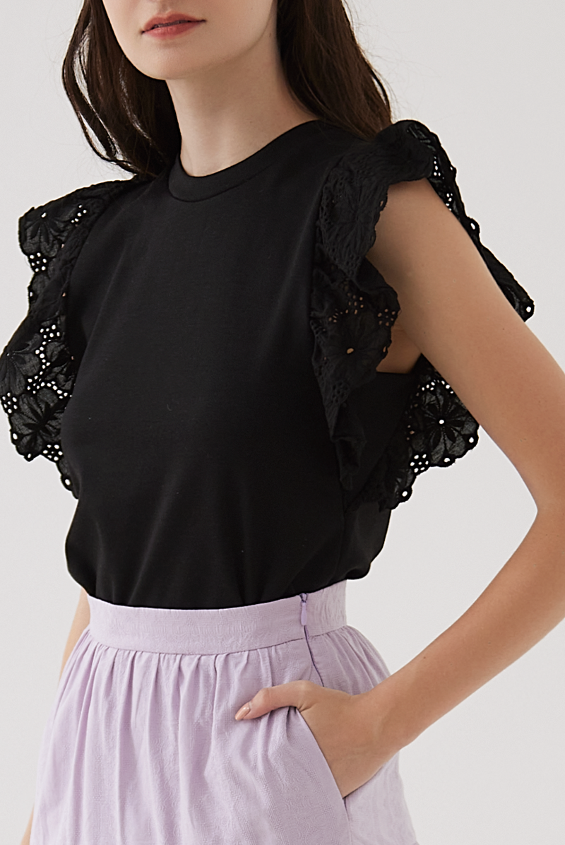 Elora Embroidered Sleeves Top in Black