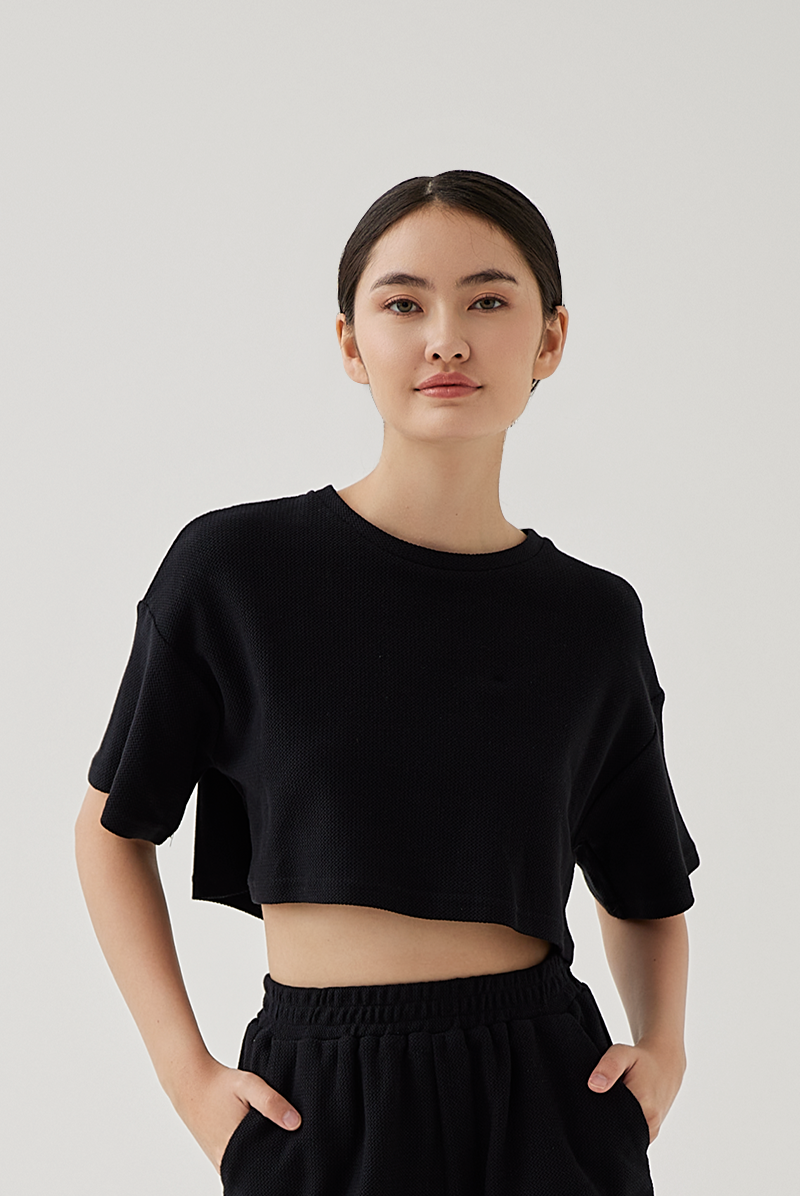 Kaia Textured Boxy Top in Black