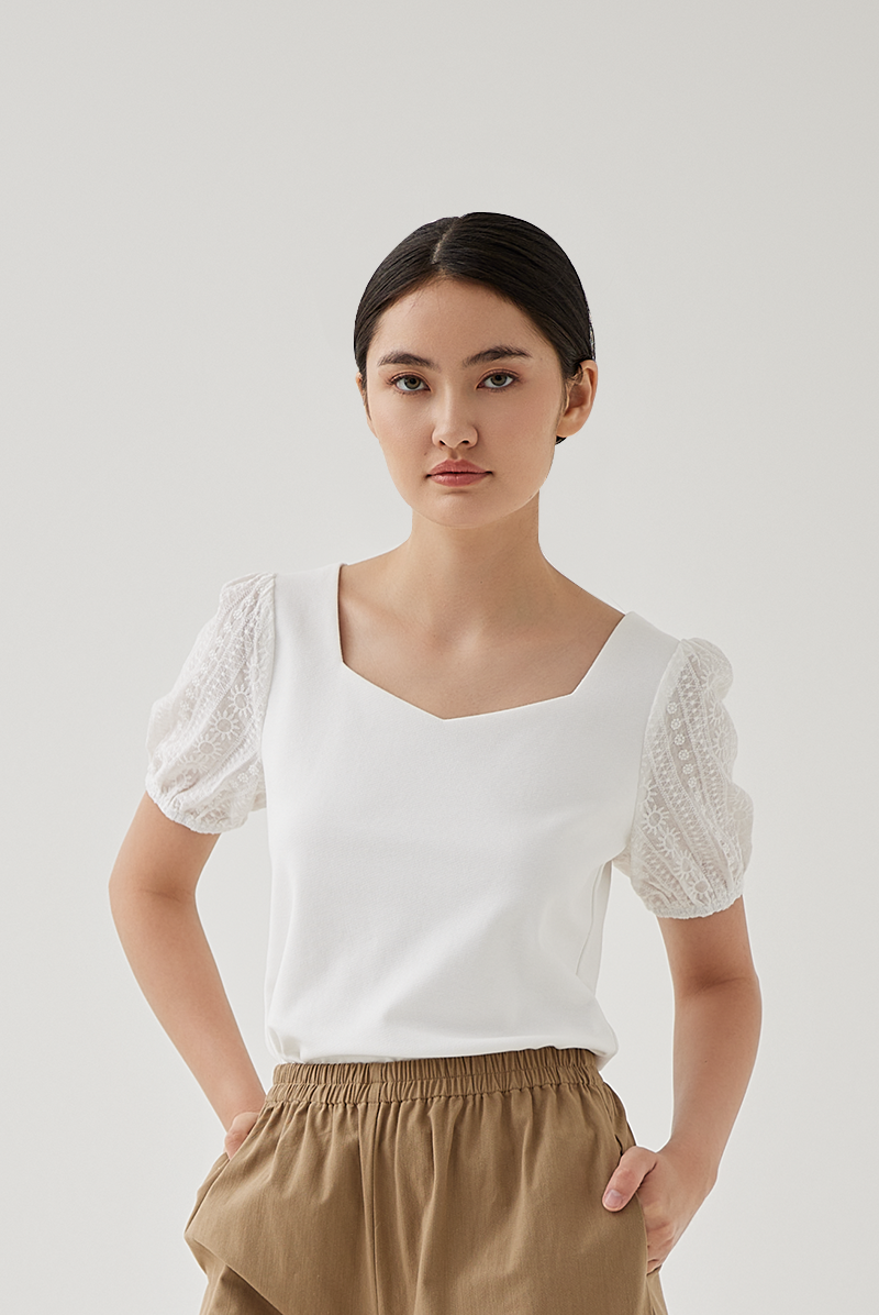 Ellice Floral Embroidered Sleeves Top in White