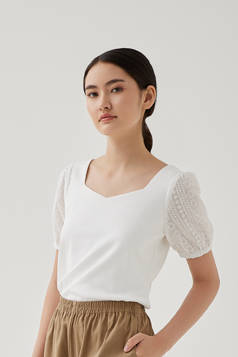 Ellice Floral Embroidered Sleeves Top in White