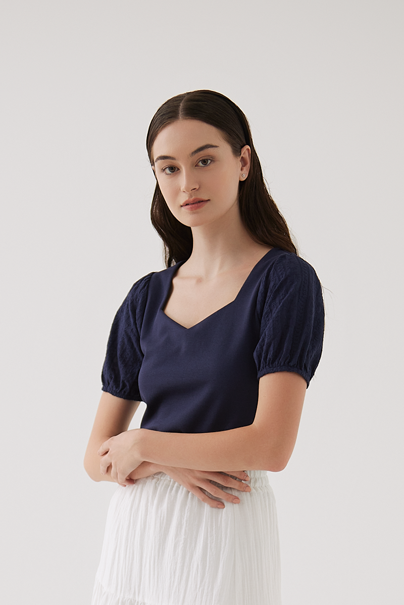 Ellice Floral Embroidered Sleeves Top in Navy Blue