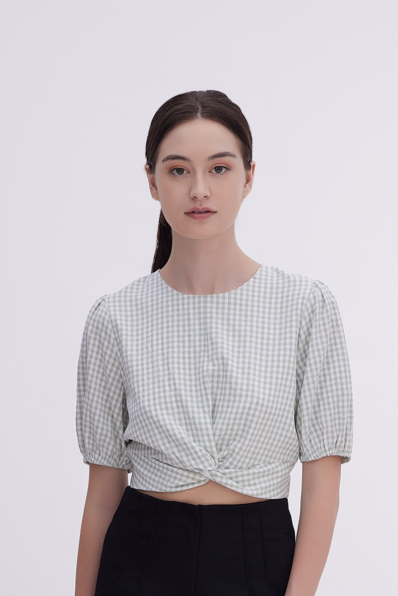 Bailey Gingham Twist Front Top in Dusty Green