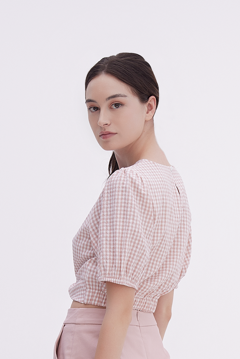 Bailey Gingham Twist Front Top in Dusty Pink
