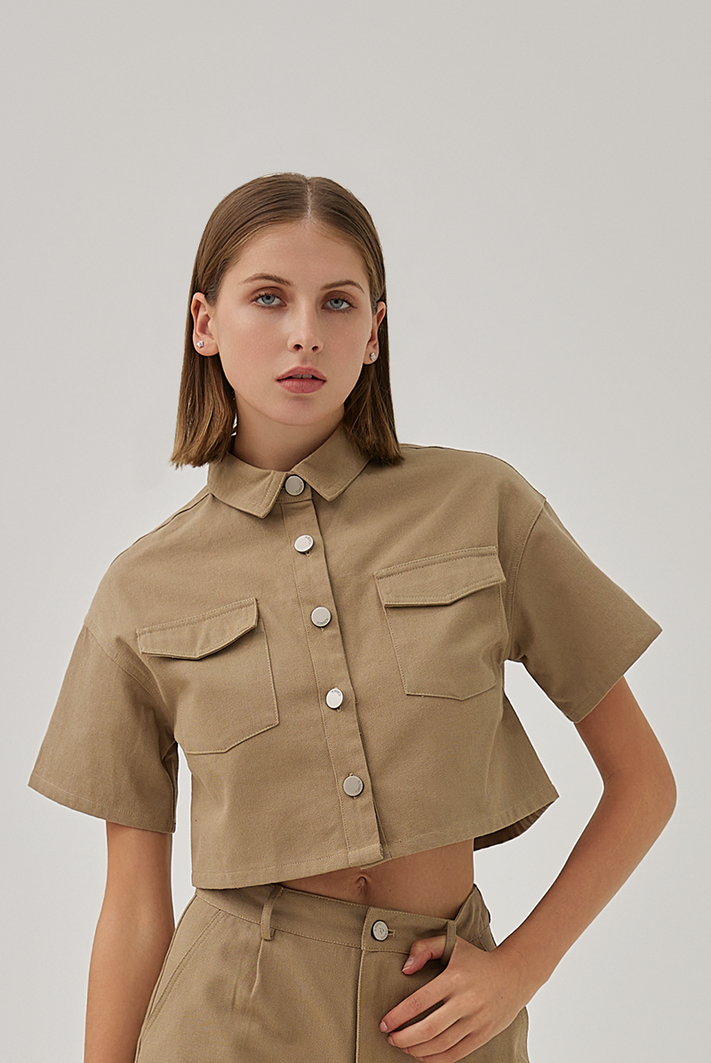 Nova Patch Pockets Jacket Top in Khaki