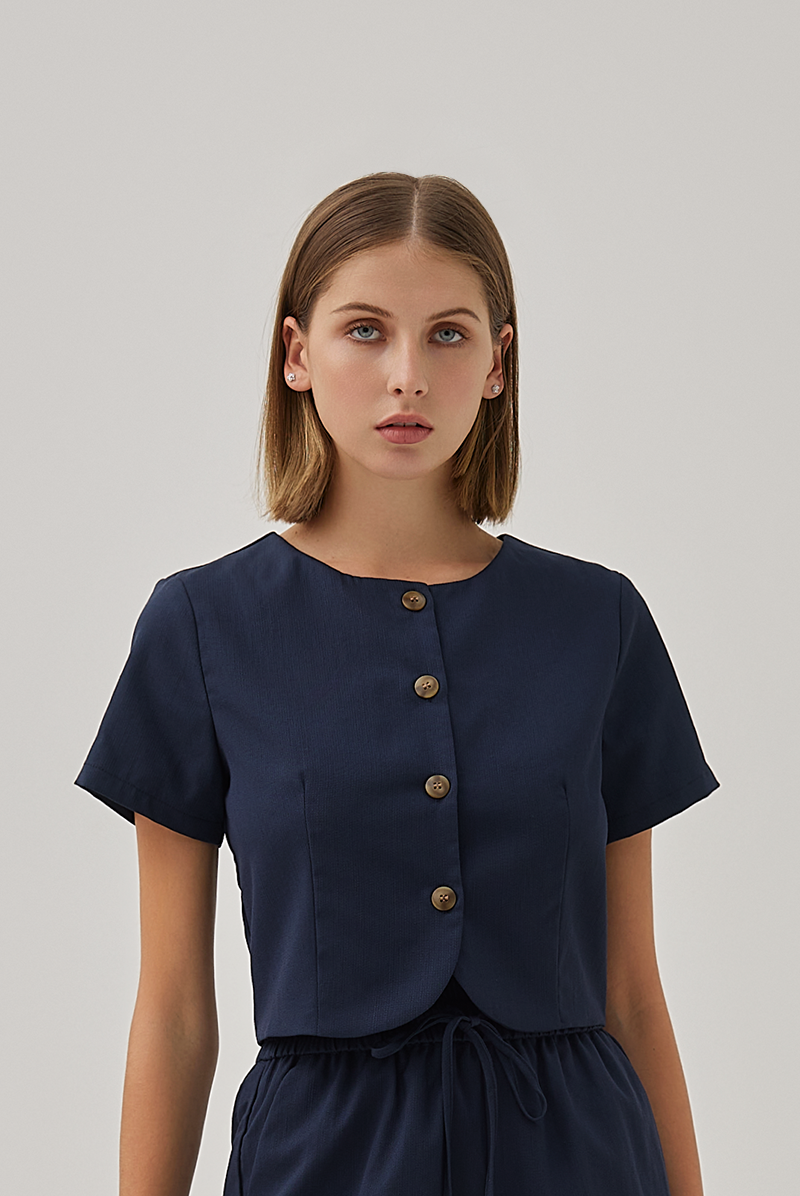 Effie Button Down Curved Hem Top in Dark Blue