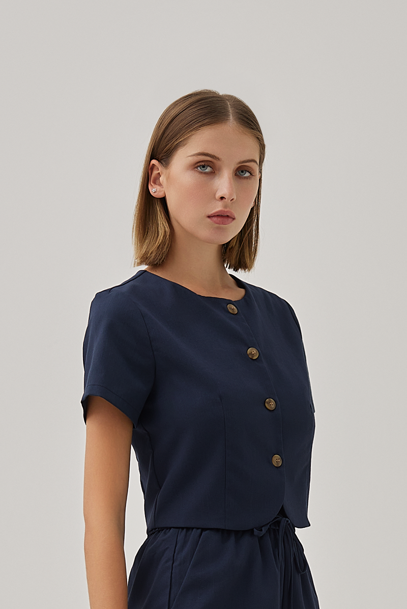 Effie Button Down Curved Hem Top in Dark Blue