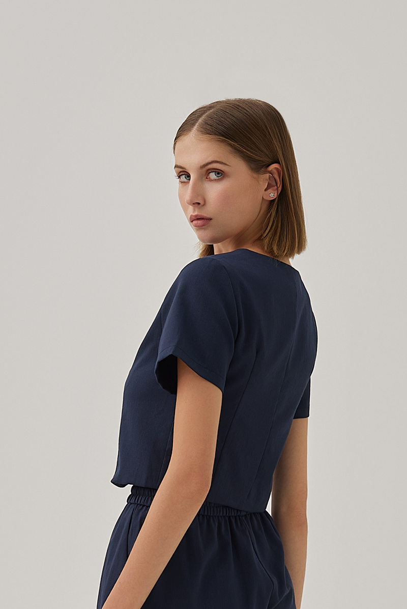 Effie Button Down Curved Hem Top in Dark Blue