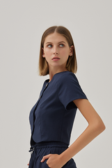 Effie Button Down Curved Hem Top in Dark Blue