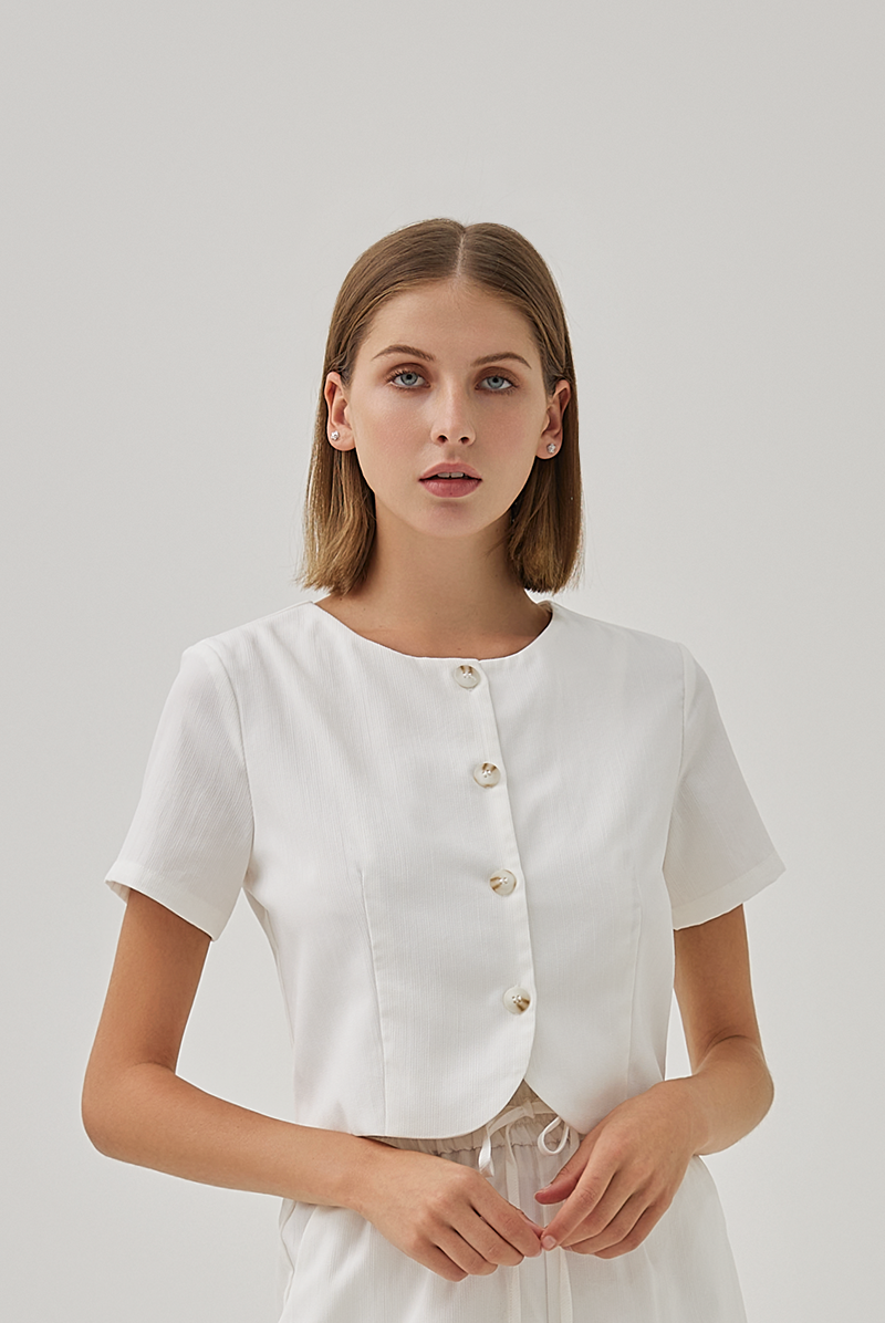 Effie Button Down Curved Hem Top in White