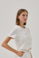 Effie Button Down Curved Hem Top in White