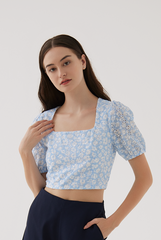 Evie Floral Embroidery Crop Top in Pale Blue