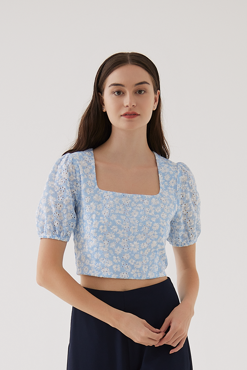 Evie Floral Embroidery Crop Top in Pale Blue