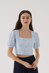 Evie Floral Embroidery Crop Top in Pale Blue
