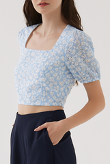 Evie Floral Embroidery Crop Top in Pale Blue