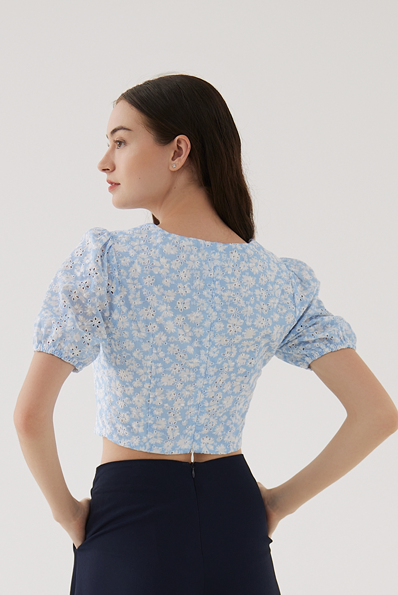 Evie Floral Embroidery Crop Top in Pale Blue