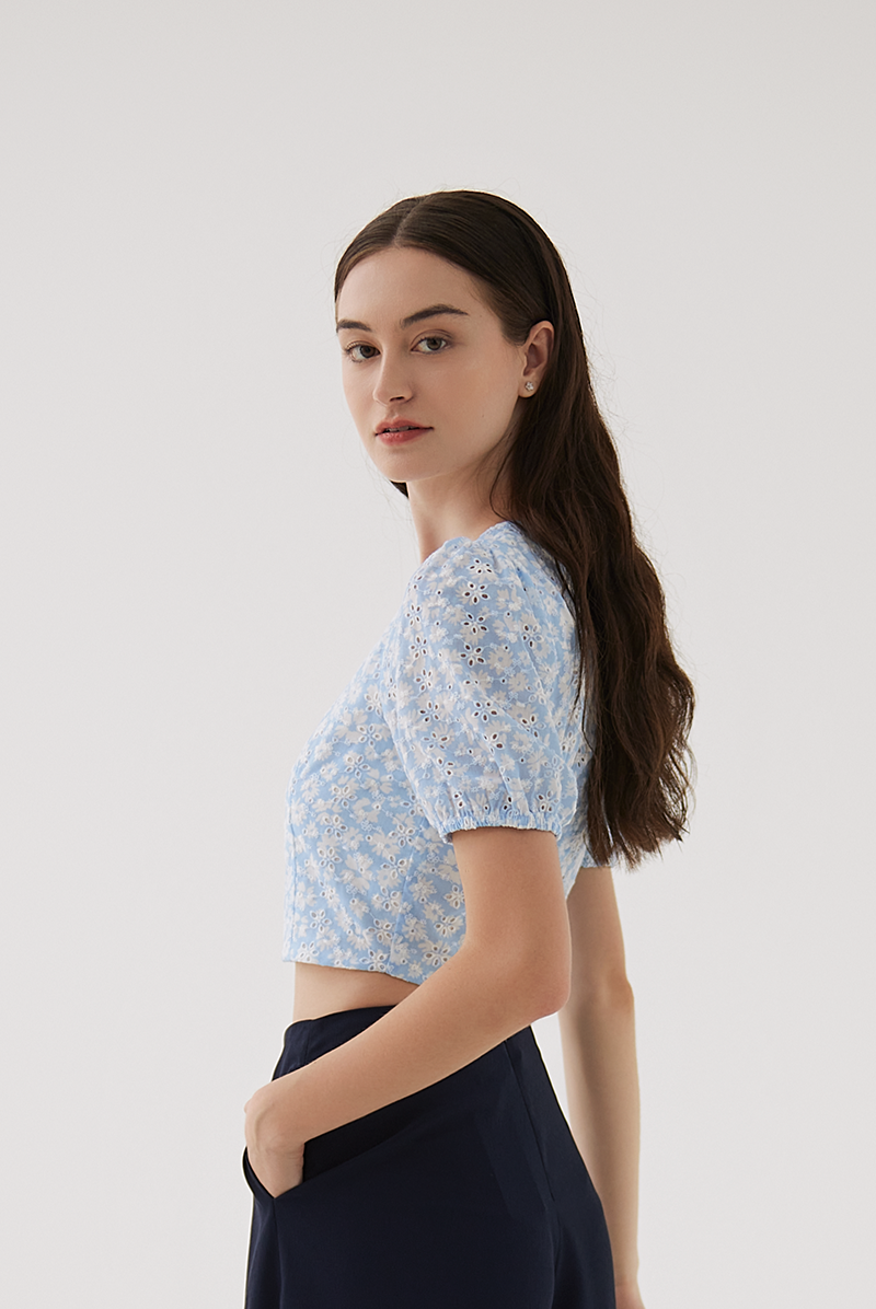 Evie Floral Embroidery Crop Top in Pale Blue