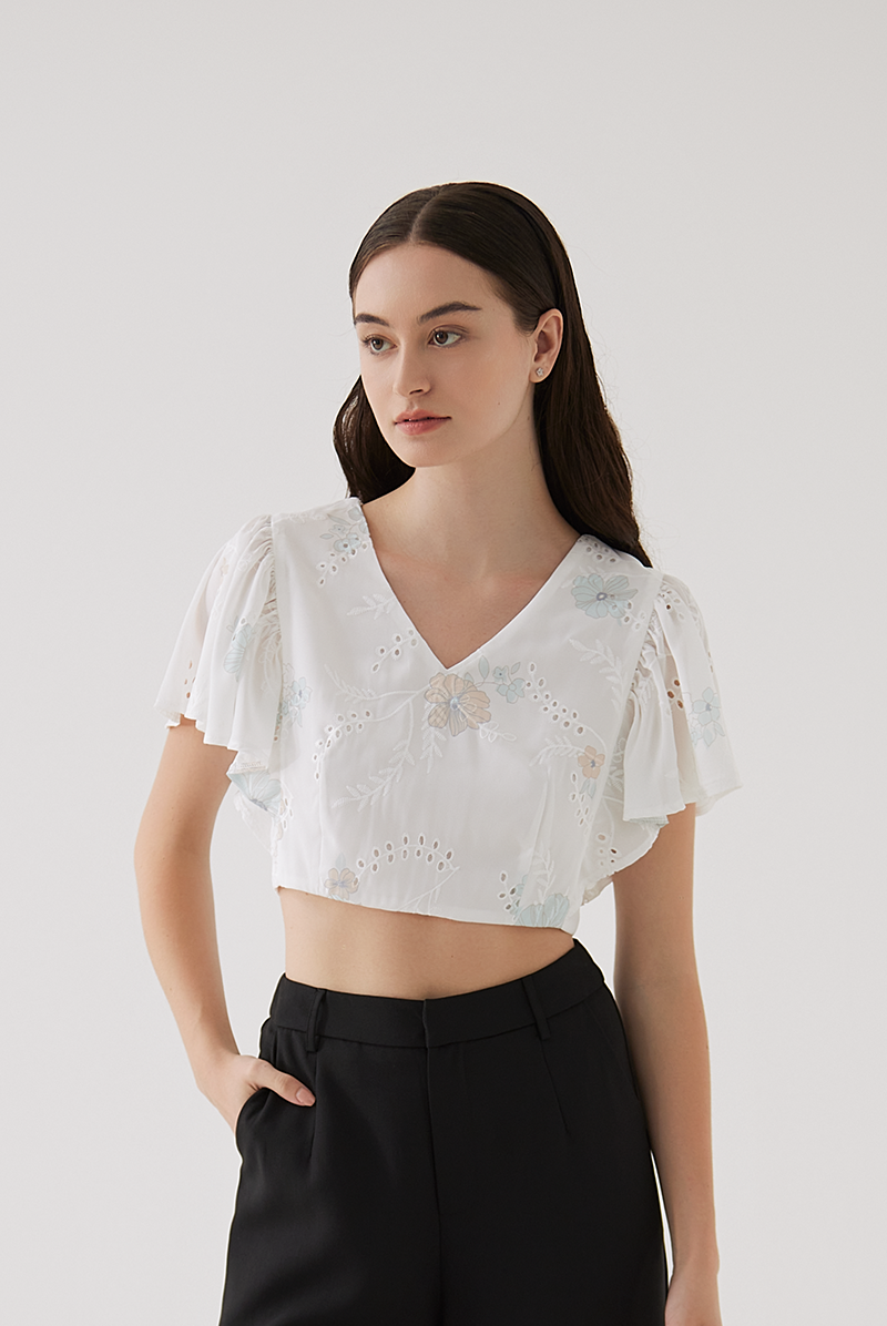 Asher Floral Embroidery Crop Top in White