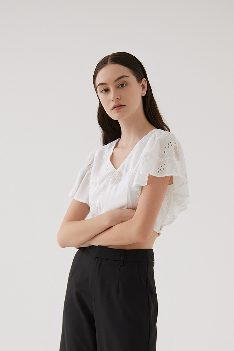 Asher Floral Embroidery Crop Top in White