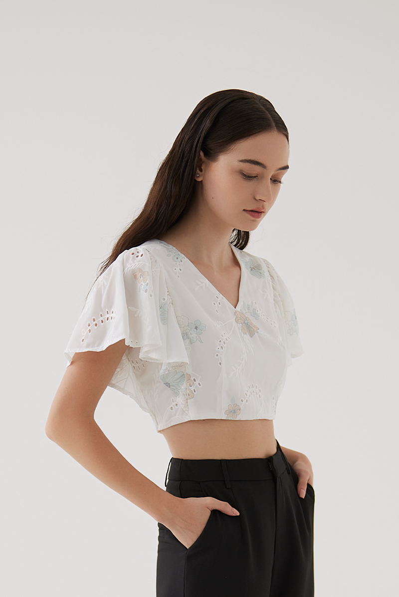 Asher Floral Embroidery Crop Top in White