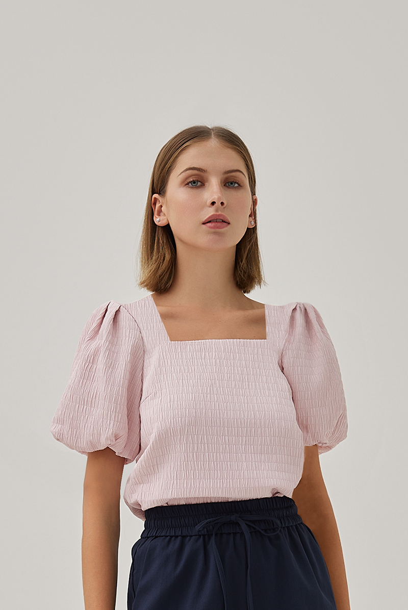 Beatrice Textured Puff Sleeves Top in Blush