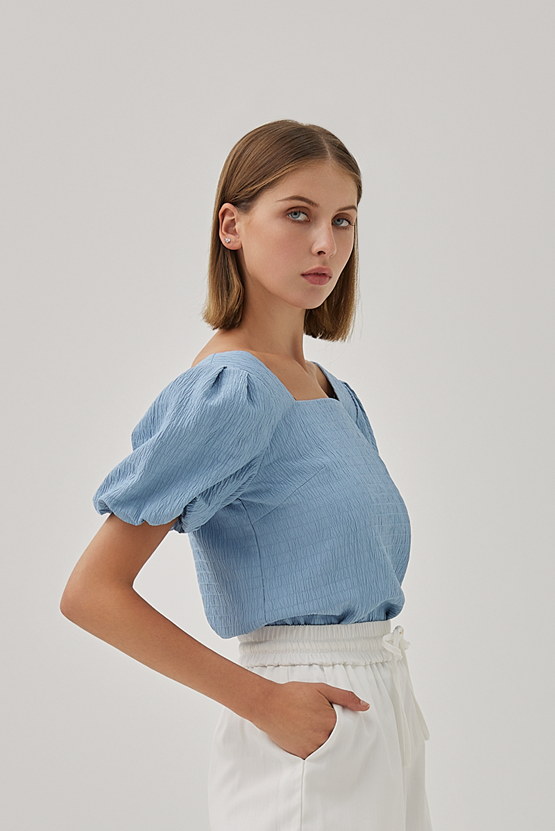 Beatrice Textured Puff Sleeves Top in Light Blue