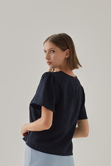 Tessa Textured Flare Sleeves Top in Navy Blue