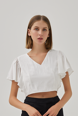 Huda V-Neck Flutter Sleeves Crop Top in White
