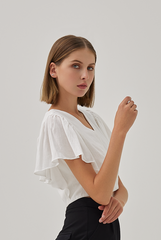 Huda V-Neck Flutter Sleeves Crop Top in White