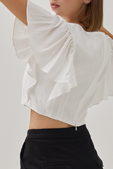 Huda V-Neck Flutter Sleeves Crop Top in White