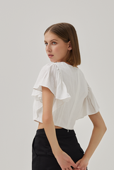 Huda V-Neck Flutter Sleeves Crop Top in White