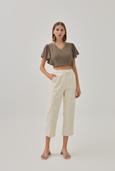Huda V-Neck Flutter Sleeves Crop Top in Truffle